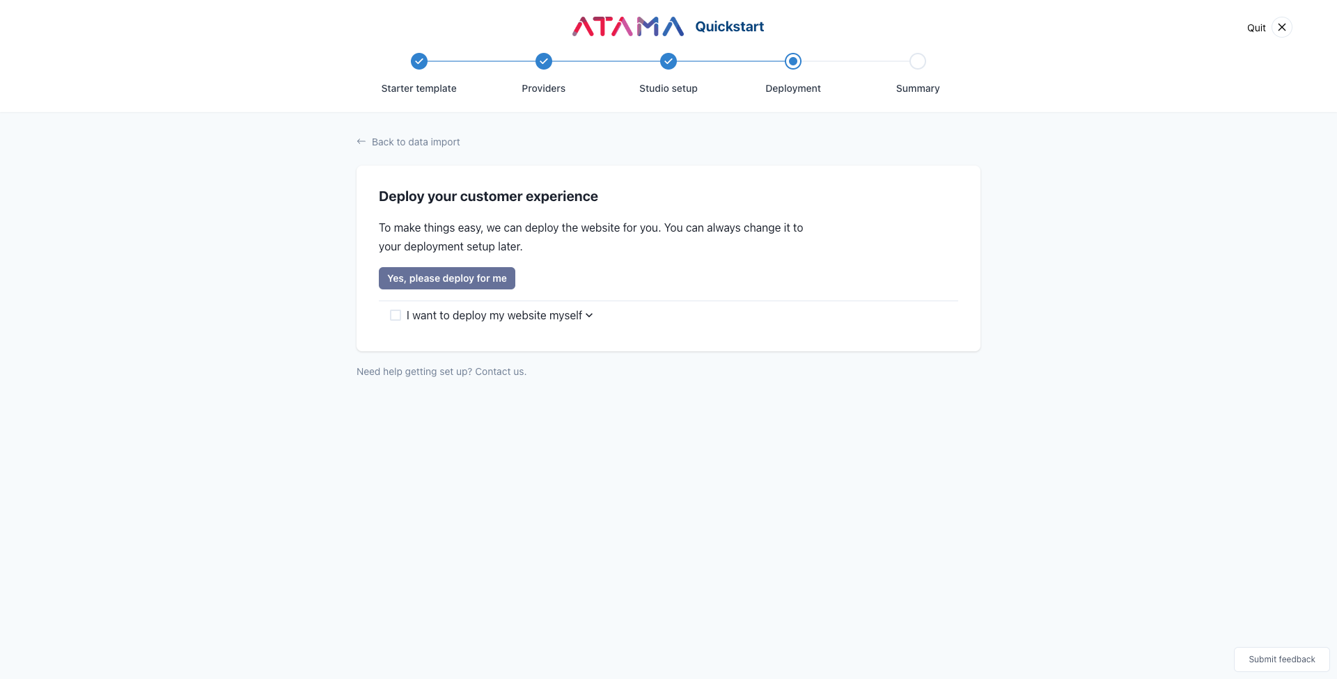 Screenshot of deployment step using Atama