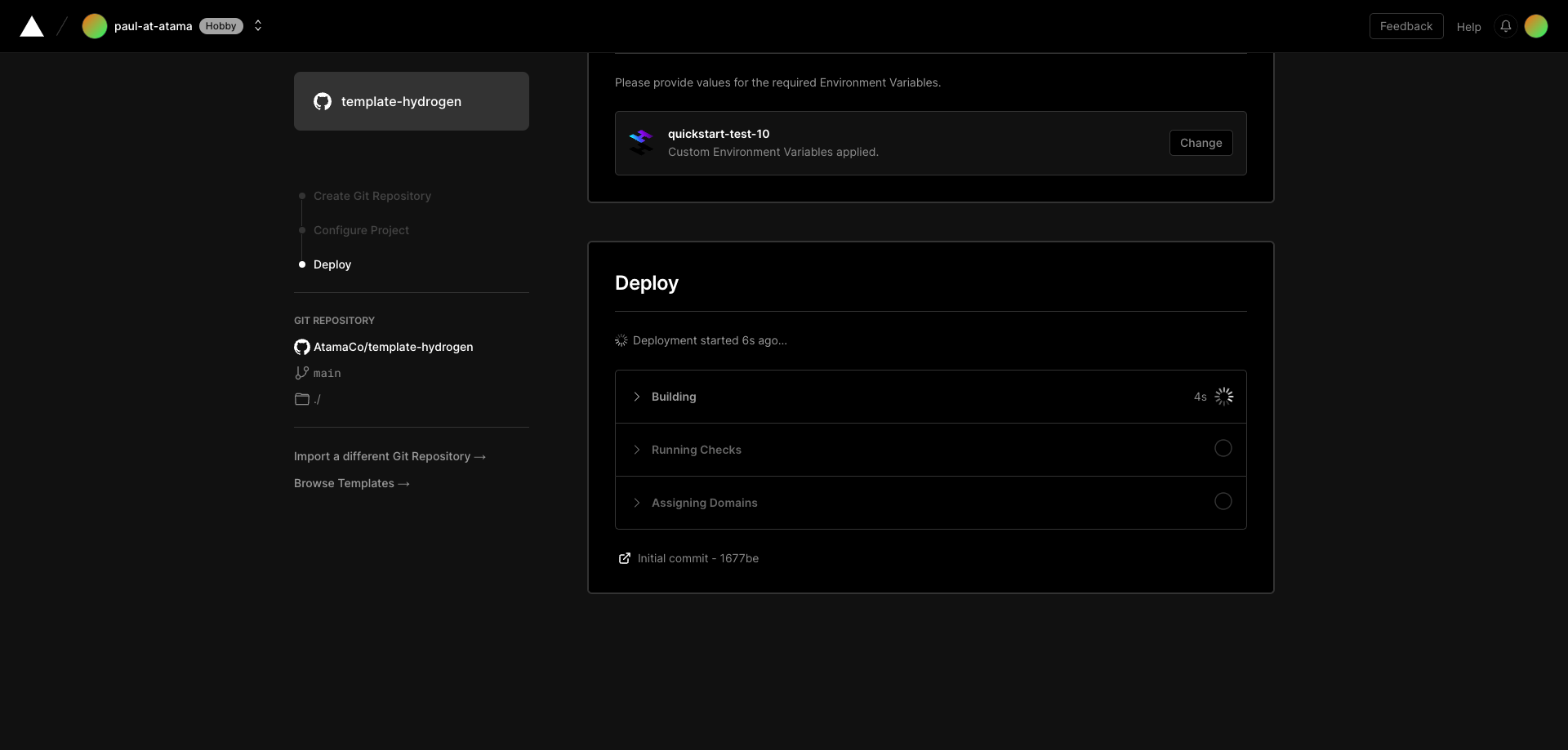 Screenshot of Vercel deployment step
