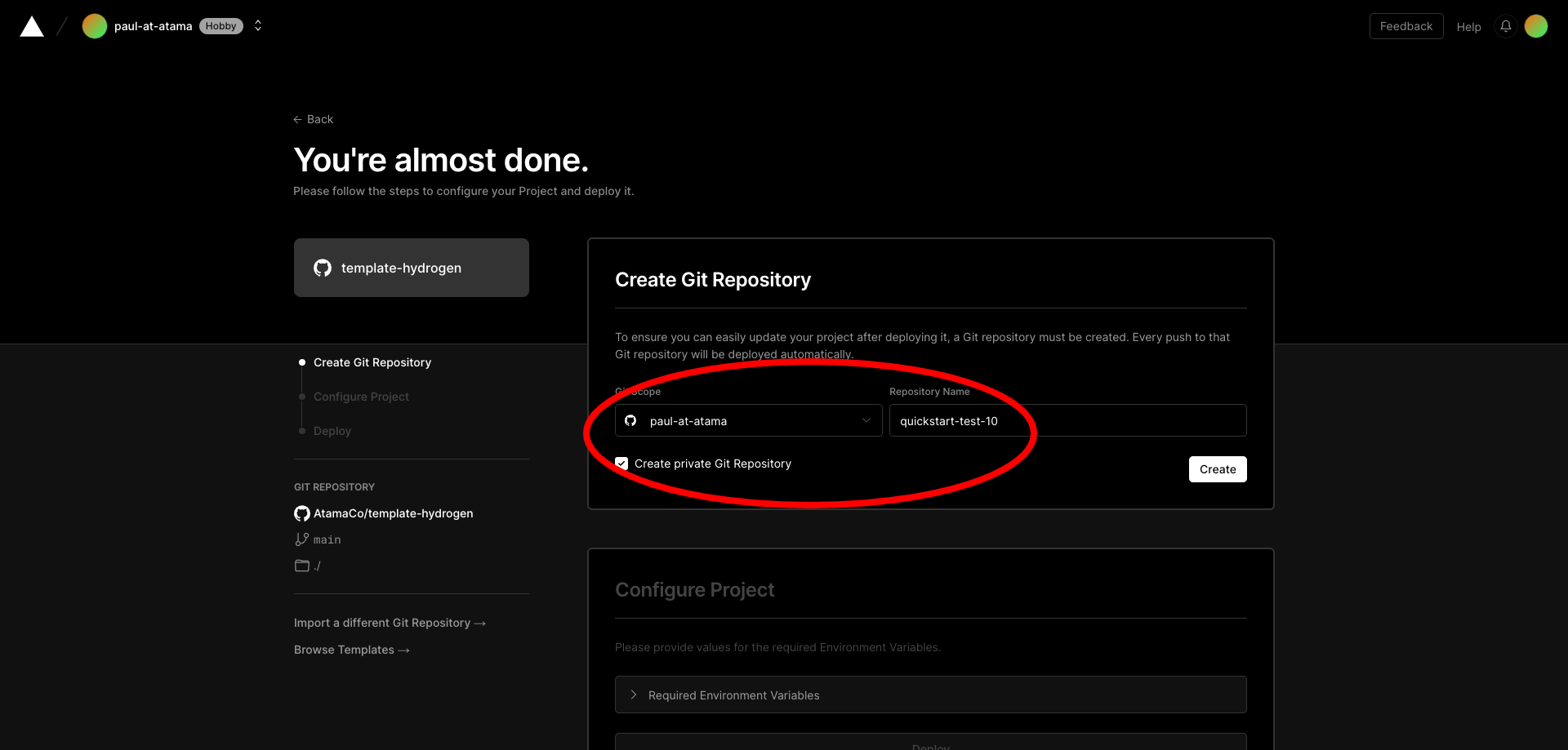 Screenshot of Vercel git repository step